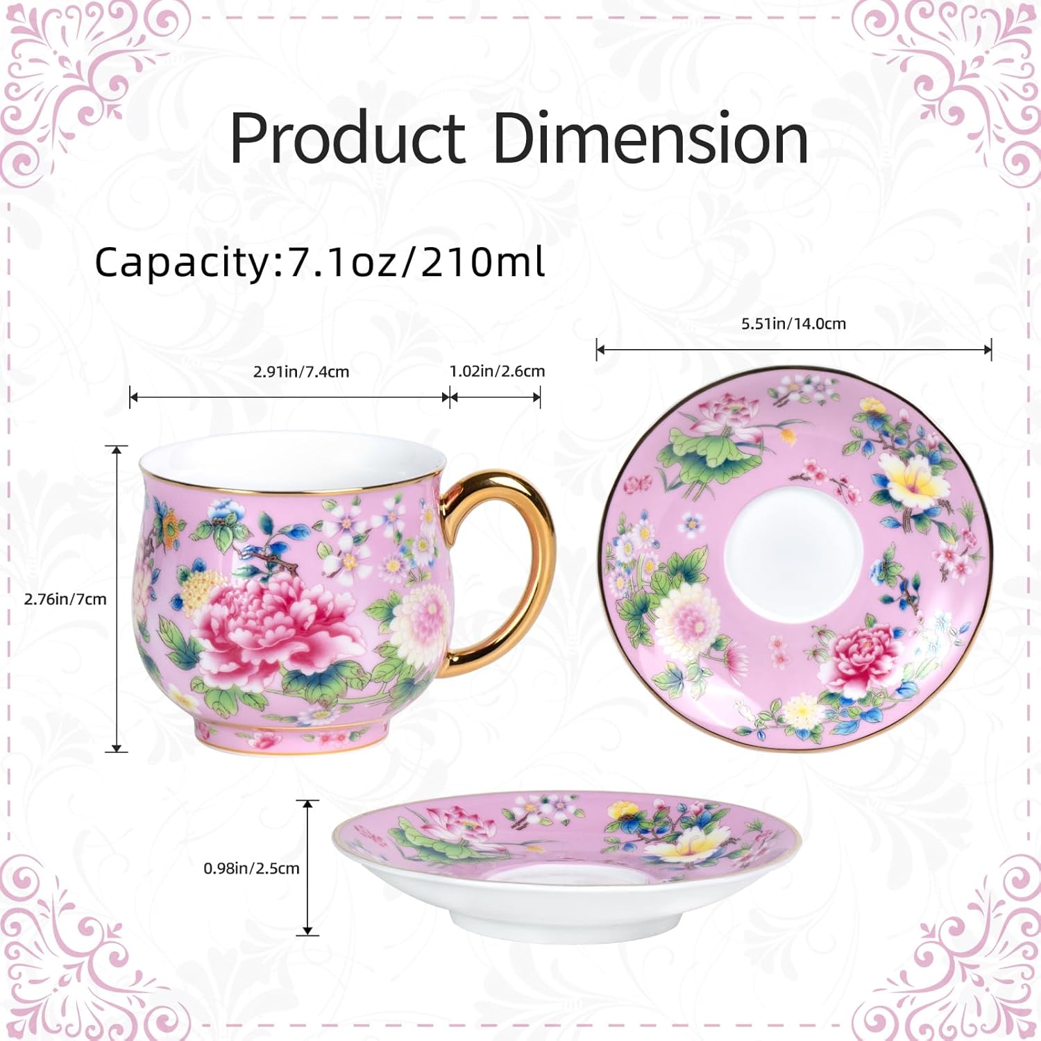 KAMMAK tea cups and saucers set of 2 - vintage floral porcelain cup with gilded rim and matching saucer