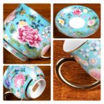 KAMMAK Tea Cups and Saucers Set of 2, Porcelain Coffee Cups with Saucer for Espresso, Cappuccino, 7.1oz Cute Vintage Yellow and Lake Blue Ceramic Novelty Mug for Home, Tea...