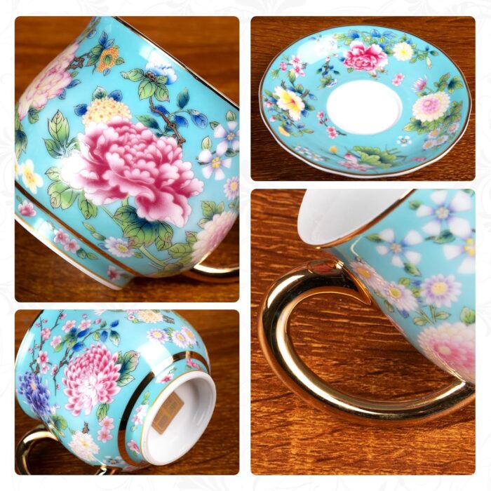 KAMMAK Tea Cups and Saucers Set of 2, Porcelain Coffee Cups with Saucer for Espresso, Cappuccino, 7.1oz Cute Vintage Yellow and Lake Blue Ceramic Novelty Mug for Home, Tea...