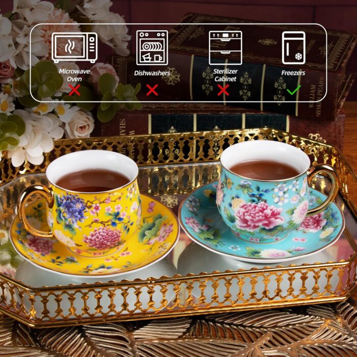 KAMMAK Tea Cups and Saucers Set of 2, Porcelain Coffee Cups with Saucer for Espresso, Cappuccino, 7.1oz Cute Vintage Yellow and Lake Blue Ceramic Novelty Mug for Home, Tea...