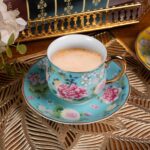 KAMMAK Tea Cups and Saucers Set of 2, Porcelain Coffee Cups with Saucer for Espresso, Cappuccino, 7.1oz Cute Vintage Yellow and Lake Blue Ceramic Novelty Mug for Home, Tea...