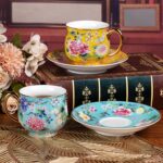 KAMMAK Tea Cups and Saucers Set of 2, Porcelain Coffee Cups with Saucer for Espresso, Cappuccino, 7.1oz Cute Vintage Yellow and Lake Blue Ceramic Novelty Mug for Home, Tea...