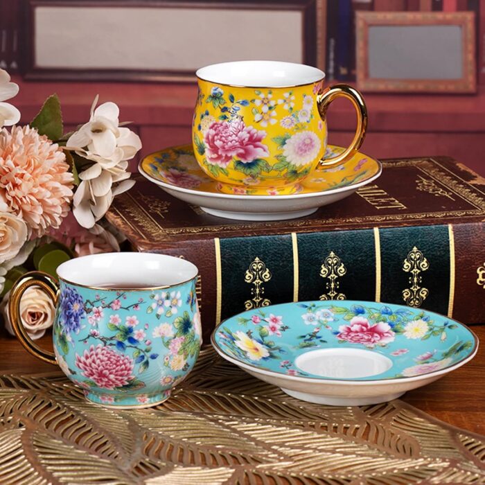 KAMMAK Tea Cups and Saucers Set of 2, Porcelain Coffee Cups with Saucer for Espresso, Cappuccino, 7.1oz Cute Vintage Yellow and Lake Blue Ceramic Novelty Mug for Home, Tea...