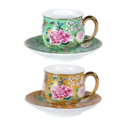 KAMMAK Tea Cups and Saucers Set of 2, Porcelain Coffee Cups with Saucer for Espresso, Cappuccino, 7.1oz Cute Vintage Glod and Green Ceramic Novelty Mug for Home, Tea Party, Office