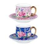 KAMMAK Tea Cups and Saucers Set of 2, Porcelain Coffee Cups with Saucer for Espresso, Cappuccino, 7.1oz Cute Vintage Pink and Blue Ceramic Novelty Mug for Home, Tea Party, Office