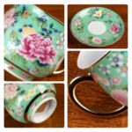 KAMMAK Tea Cups and Saucers Set of 2, Porcelain Coffee Cups with Saucer for Espresso, Cappuccino, 7.1oz Cute Vintage Glod and Green Ceramic Novelty Mug for Home, Tea Party, Office