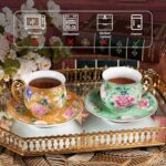 KAMMAK Tea Cups and Saucers Set of 2, Porcelain Coffee Cups with Saucer for Espresso, Cappuccino, 7.1oz Cute Vintage Glod and Green Ceramic Novelty Mug for Home, Tea Party, Office