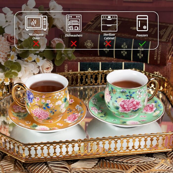 KAMMAK Tea Cups and Saucers Set of 2, Porcelain Coffee Cups with Saucer for Espresso, Cappuccino, 7.1oz Cute Vintage Glod and Green Ceramic Novelty Mug for Home, Tea Party, Office