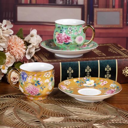 KAMMAK Tea Cups and Saucers Set of 2, Porcelain Coffee Cups with Saucer for Espresso, Cappuccino, 7.1oz Cute Vintage Glod and Green Ceramic Novelty Mug for Home, Tea Party, Office