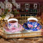 KAMMAK Tea Cups and Saucers Set of 2, Porcelain Coffee Cups with Saucer for Espresso, Cappuccino, 7.1oz Cute Vintage Pink and Blue Ceramic Novelty Mug for Home, Tea Party, Office