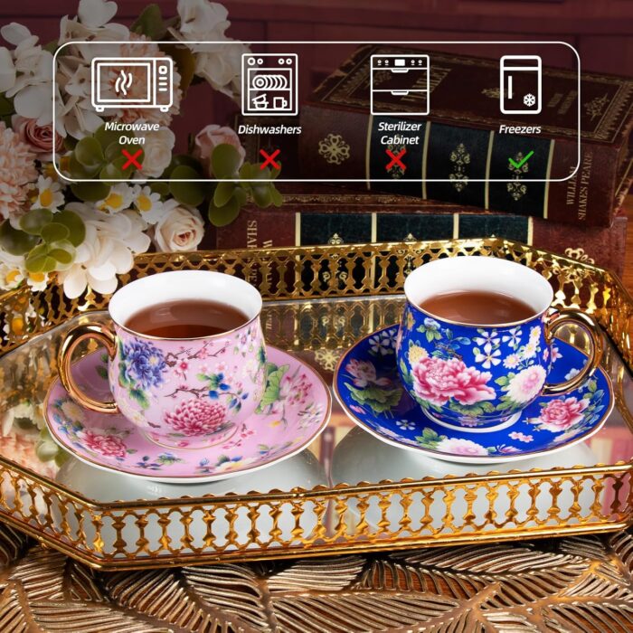 KAMMAK Tea Cups and Saucers Set of 2, Porcelain Coffee Cups with Saucer for Espresso, Cappuccino, 7.1oz Cute Vintage Pink and Blue Ceramic Novelty Mug for Home, Tea Party, Office