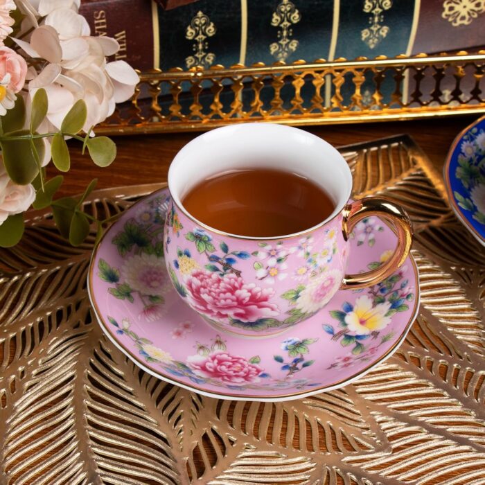 KAMMAK Tea Cups and Saucers Set of 2, Porcelain Coffee Cups with Saucer for Espresso, Cappuccino, 7.1oz Cute Vintage Pink and Blue Ceramic Novelty Mug for Home, Tea Party, Office