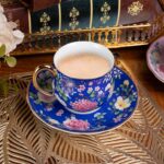KAMMAK Tea Cups and Saucers Set of 2, Porcelain Coffee Cups with Saucer for Espresso, Cappuccino, 7.1oz Cute Vintage Pink and Blue Ceramic Novelty Mug for Home, Tea Party, Office
