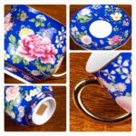 KAMMAK Tea Cups and Saucers Set of 2, Porcelain Coffee Cups with Saucer for Espresso, Cappuccino, 7.1oz Cute Vintage Pink and Blue Ceramic Novelty Mug for Home, Tea Party, Office