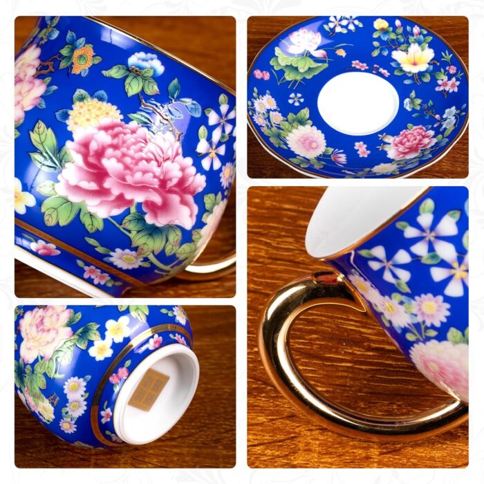 KAMMAK Tea Cups and Saucers Set of 2, Porcelain Coffee Cups with Saucer for Espresso, Cappuccino, 7.1oz Cute Vintage Pink and Blue Ceramic Novelty Mug for Home, Tea Party, Office