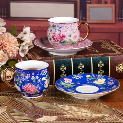 KAMMAK Tea Cups and Saucers Set of 2, Porcelain Coffee Cups with Saucer for Espresso, Cappuccino, 7.1oz Cute Vintage Pink and Blue Ceramic Novelty Mug for Home, Tea Party, Office