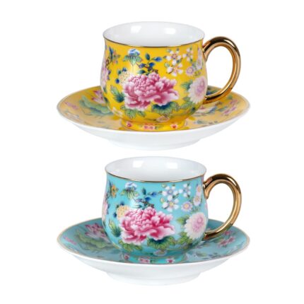 KAMMAK Tea Cups and Saucers Set of 2, Porcelain Coffee Cups with Saucer for Espresso, Cappuccino, 7.1oz Cute Vintage Yellow and Lake Blue Ceramic Novelty Mug for Home, Tea...
