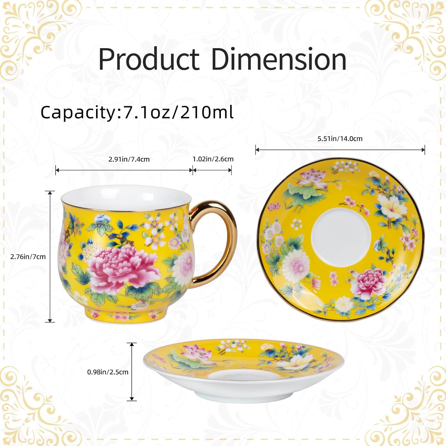 KAMMAK tea cups and saucers set of 2 - vintage floral porcelain cups with gilded rim and matching saucers