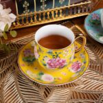 KAMMAK Tea Cups and Saucers Set of 2, Porcelain Coffee Cups with Saucer for Espresso, Cappuccino, 7.1oz Cute Vintage Yellow and Lake Blue Ceramic Novelty Mug for Home, Tea...