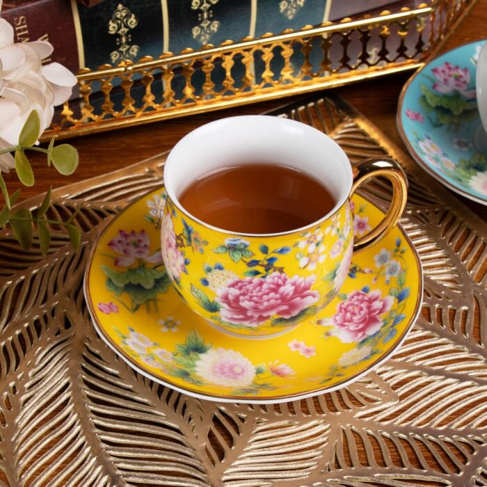 KAMMAK Tea Cups and Saucers Set of 2, Porcelain Coffee Cups with Saucer for Espresso, Cappuccino, 7.1oz Cute Vintage Yellow and Lake Blue Ceramic Novelty Mug for Home, Tea...