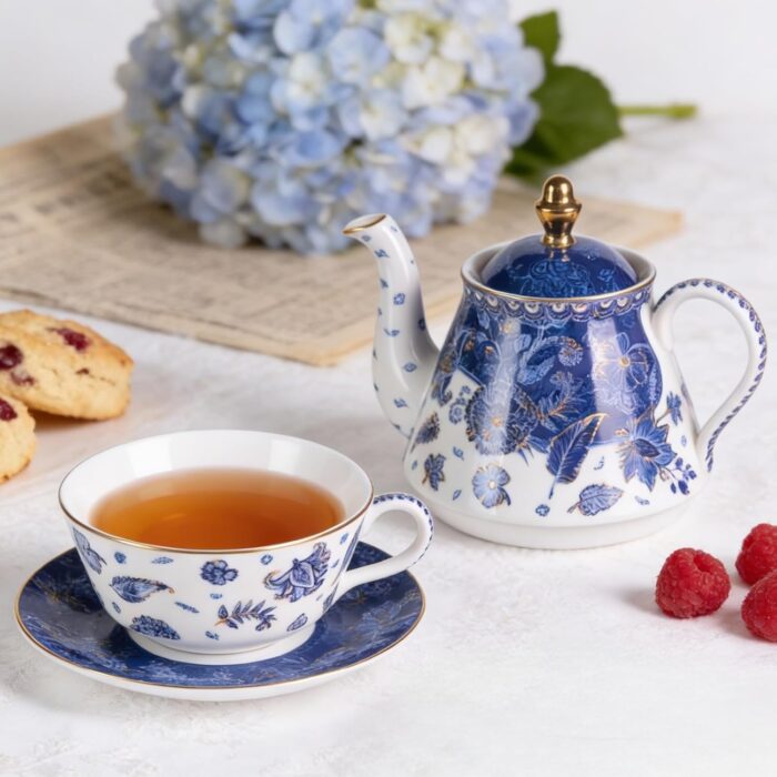 KAMMAK Tea for One, Porcelain Teapot and Cup Set, Beautiful Tea Pot and Saucers Set, Ceramic Tea Set for Tea Party, Office and Home, Navy Blue Tea Cups and Saucer Set for...