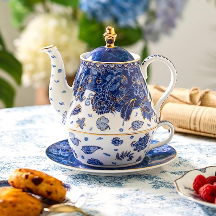 KAMMAK Tea for One, Porcelain Teapot and Cup Set, Beautiful Tea Pot and Saucers Set, Ceramic Tea Set for Tea Party, Office and Home, Navy Blue Tea Cups and Saucer Set for...