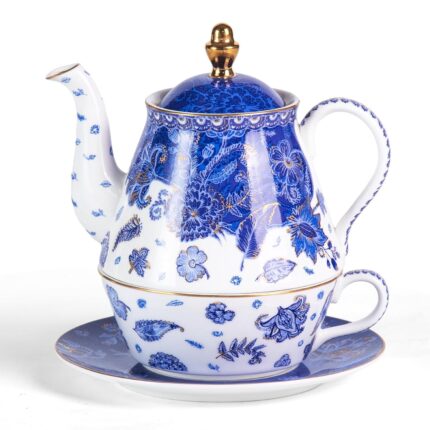 KAMMAK Tea for One, Porcelain Teapot and Cup Set, Beautiful Tea Pot and Saucers Set, Ceramic Tea Set for Tea Party, Office and Home, Navy Blue Tea Cups and Saucer Set for...