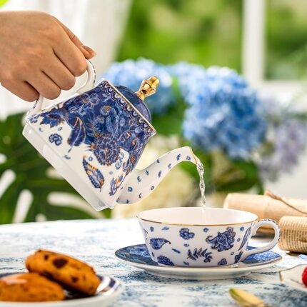 KAMMAK Tea for One, Porcelain Teapot and Cup Set, Beautiful Tea Pot and Saucers Set, Ceramic Tea Set for Tea Party, Office and Home, Navy Blue Tea Cups and Saucer Set for...