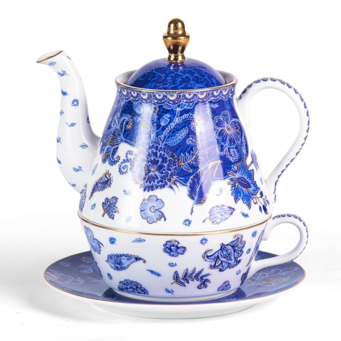 KAMMAK Tea for One, Porcelain Teapot and Cup Set, Beautiful Tea Pot and Saucers Set, Ceramic Tea Set for Tea Party, Office and Home, Navy Blue Tea Cups and Saucer Set for...