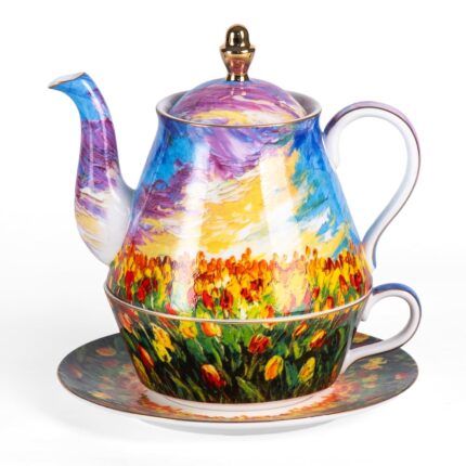 KAMMAK Tea for One, Porcelain Teapot and Cup Set, Colorful Tea Pot and Saucers Set, Ceramic Tea Set for Tea Party, Office and Home, Tea Cups and Saucer Set for Coffee,...