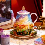 KAMMAK Tea for One, Porcelain Teapot and Cup Set, Colorful Tea Pot and Saucers Set, Ceramic Tea Set for Tea Party, Office and Home, Tea Cups and Saucer Set for Coffee,...