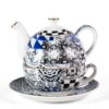 KAMMAK Tea for One, Porcelain Teapot and Cup Set with Infuser, Bone China Tea Pot and Saucers Set, Ceramic Tea Set for Party, Black and White Tea Cups and Saucer Set for Coffee,... KAMMAK 8CZYX017 ceramic teapot front view for product display