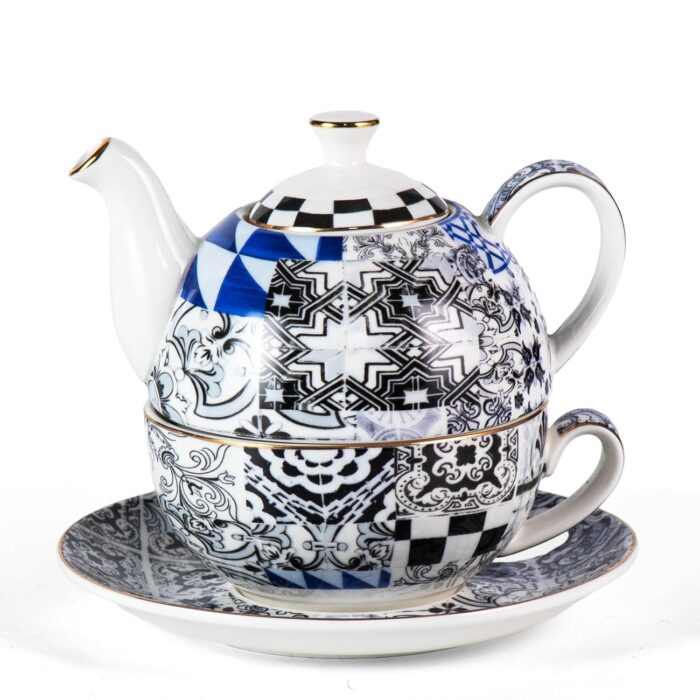 KAMMAK Tea for One, Porcelain Teapot and Cup Set with Infuser, Bone China Tea Pot and Saucers Set, Ceramic Tea Set for Party, Black and White Tea Cups and Saucer Set for Coffee,...