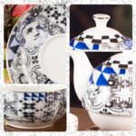 KAMMAK Tea for One, Porcelain Teapot and Cup Set with Infuser, Bone China Tea Pot and Saucers Set, Ceramic Tea Set for Party, Black and White Tea Cups and Saucer Set for Coffee,...