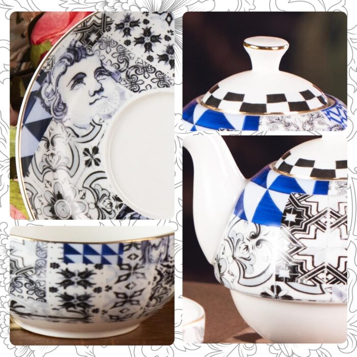 KAMMAK Tea for One, Porcelain Teapot and Cup Set with Infuser, Bone China Tea Pot and Saucers Set, Ceramic Tea Set for Party, Black and White Tea Cups and Saucer Set for Coffee,...