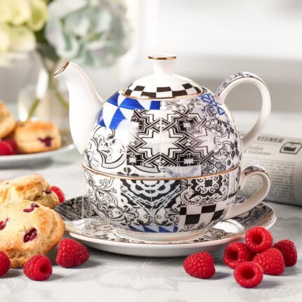 KAMMAK Tea for One, Porcelain Teapot and Cup Set with Infuser, Bone China Tea Pot and Saucers Set, Ceramic Tea Set for Party, Black and White Tea Cups and Saucer Set for Coffee,...