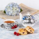 KAMMAK Tea for One, Porcelain Teapot and Cup Set with Infuser, Bone China Tea Pot and Saucers Set, Ceramic Tea Set for Party, Black and White Tea Cups and Saucer Set for Coffee,...