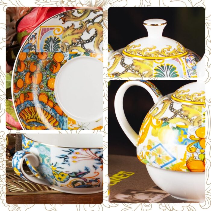 KAMMAK Tea for One, Porcelain Teapot and Cup Set with Infuser, Bone China Tea Pot and Saucers Set,Ceramic Tea Set for Party, Home,Yellow Tea Cups and Saucer Set for...