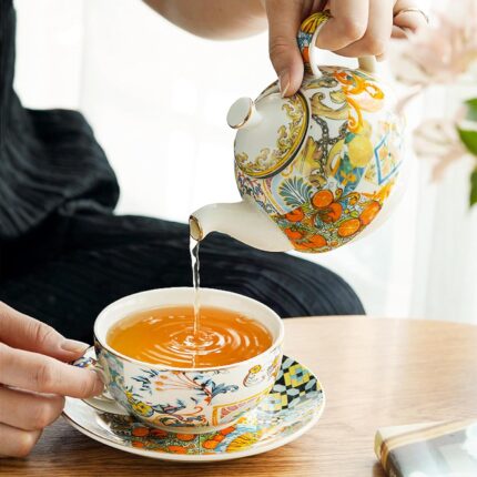 KAMMAK Tea for One, Porcelain Teapot and Cup Set with Infuser, Bone China Tea Pot and Saucers Set,Ceramic Tea Set for Party, Home,Yellow Tea Cups and Saucer Set for...