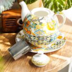 KAMMAK Tea for One, Porcelain Teapot and Cup Set with Infuser, Bone China Tea Pot and Saucers Set,Ceramic Tea Set for Party, Home,Yellow Tea Cups and Saucer Set for...
