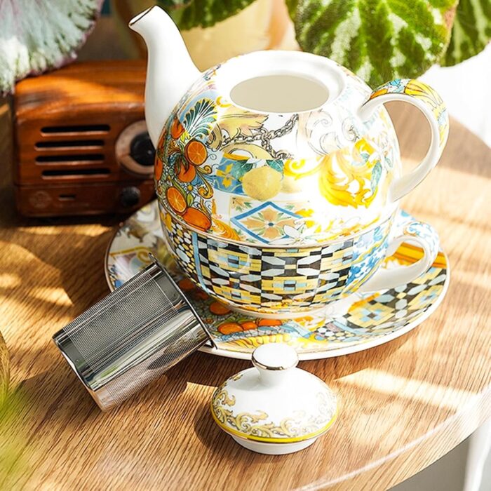 KAMMAK Tea for One, Porcelain Teapot and Cup Set with Infuser, Bone China Tea Pot and Saucers Set,Ceramic Tea Set for Party, Home,Yellow Tea Cups and Saucer Set for...