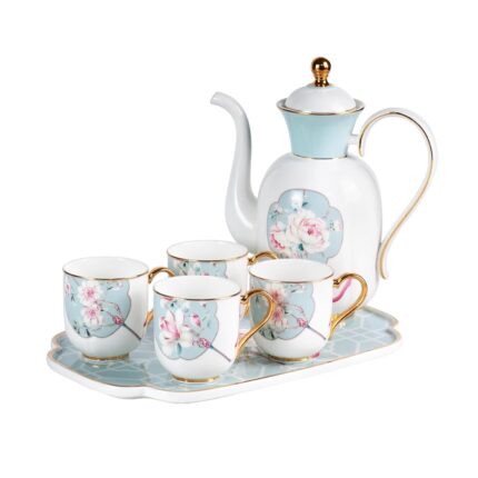 KAMMAK Tea Pot and Cups Set for Adults, Bone China Tea Cup with Teapot, Porcelain Coffee Cups and Pot, Teapot with Tray and Gift Box for Latte, Afternoon Tea Party