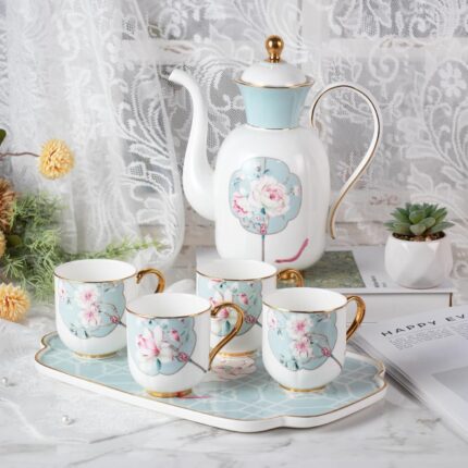 KAMMAK Tea Pot and Cups Set for Adults, Bone China Tea Cup with Teapot, Porcelain Coffee Cups and Pot, Teapot with Tray and Gift Box for Latte, Afternoon Tea Party
