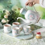 KAMMAK Tea Pot and Cups Set for Adults, Bone China Tea Cup with Teapot, Porcelain Coffee Cups and Pot, Teapot with Tray and Gift Box for Latte, Afternoon Tea Party
