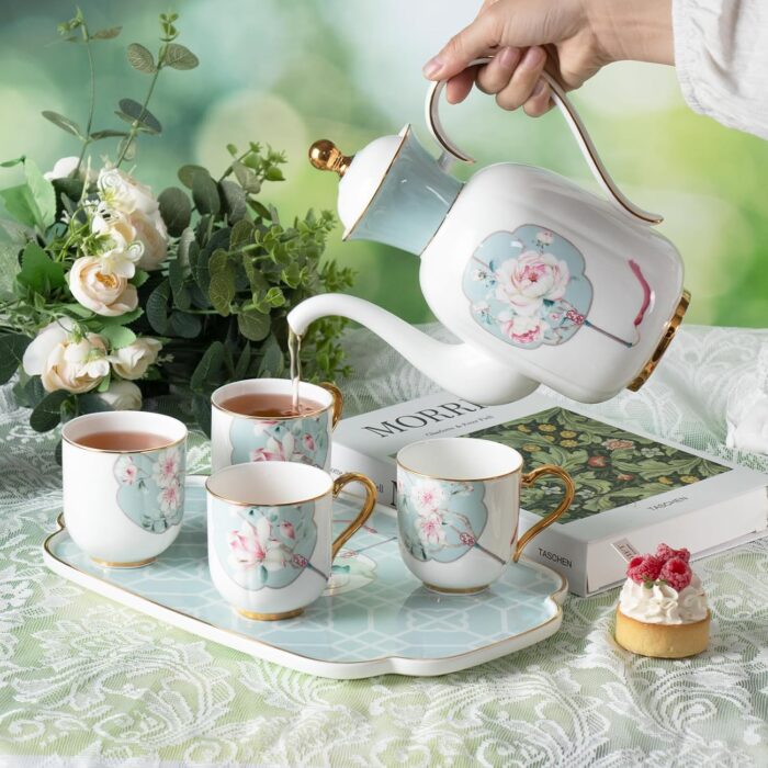 KAMMAK Tea Pot and Cups Set for Adults, Bone China Tea Cup with Teapot, Porcelain Coffee Cups and Pot, Teapot with Tray and Gift Box for Latte, Afternoon Tea Party