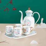 KAMMAK Tea Pot and Cups Set for Adults, Bone China Tea Cup with Teapot, Porcelain Coffee Cups and Pot, Teapot with Tray and Gift Box for Latte, Afternoon Tea Party