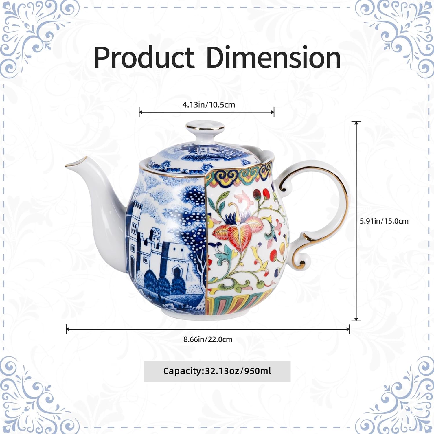 KAMMAK vintage porcelain teapot with handle and gold trim - festive tea serving