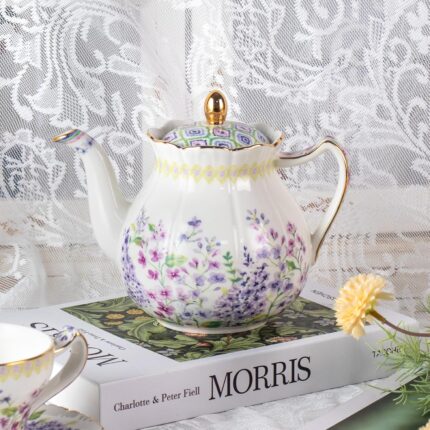 KAMMAK Teapot with Handle, Vintage Porcelain Tea Pot with Gold Trim, Blooming & Loose Leaf Teapot, Festive Holiday Serveware, Gifts for Women, Lilac - 27 oz