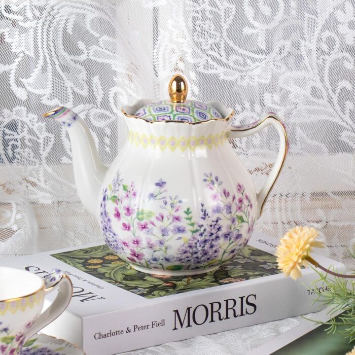 KAMMAK Teapot with Handle, Vintage Porcelain Tea Pot with Gold Trim, Blooming & Loose Leaf Teapot, Festive Holiday Serveware, Gifts for Women, Lilac - 27 oz