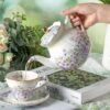 KAMMAK Teapot with Handle, Vintage Porcelain Tea Pot with Gold Trim, Blooming & Loose Leaf Teapot, Festive Holiday Serveware, Gifts for Women, Lilac 27 oz KAMMAK 8CZYX014 ceramic teapot shape and proportion detail image 3